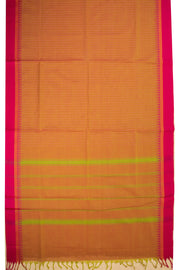 Golden Honey Yellow Handloom Kanchi Cotton Saree with Stripes And Temple Border 10076483