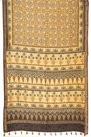 Apricot Beige Ajrakh Printed Silk Cotton Saree With Geometric Motifs And Zari Border 10076509