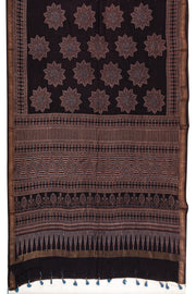 Truffle Black Ajrakh Printed Silk Cotton Saree With Floral Motifs And Zari Border 10076510