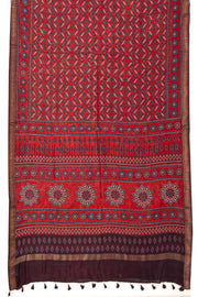 Coral Red Ajrakh Printed Silk Cotton Saree With Floral Motifs And Zari Border 10076513
