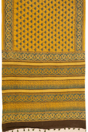 Vintage Amber Yellow Ajrakh Printed Mulmul Cotton Saree With Floral Border 10076515