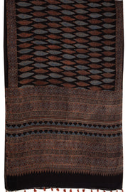 Ink Black Ajrakh Printed Mulmul Cotton Saree With Geometric Border 10076516