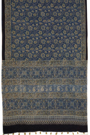Navy Stone Blue Ajrakh Printed Mulmul Cotton Saree With Floral Motifs and Floral Border 10076517