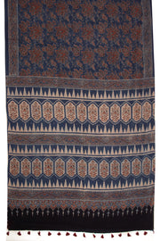 Graphite Blue Ajrakh Printed Mulmul Cotton Saree With Floral Motifs and Paisley Border 10076521