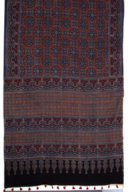 Ash Navy Blue Ajrakh Printed Mulmul Cotton Saree With Floral Motifs And Floral Border 10076522