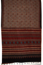 Mocha Grey Ajrakh Printed Mulmul Cotton Saree With Floral Border 10076523