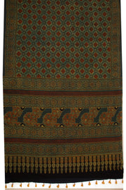 Forest Earth Green Ajrakh Printed Mulmul Cotton Saree With Floral Border 10076524