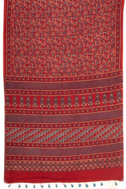 Deep Passion Red Ajrakh Printed Mulmul Cotton Saree With Floral Border 10076525
