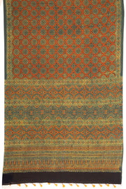 Earthy Sage Green Ajrakh Printed Mulmul Cotton Saree With Geometric Border 10076528