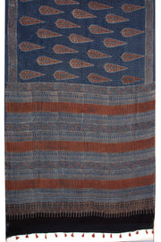 Nightfall Blue Ajrakh Printed Mulmul Cotton Saree With Floral Border 10076530