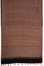 Cocoa Powder Brown Ajrakh Printed Mulmul Cotton Saree With Floral Motifs And Geometric Border 10076531