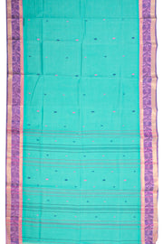 Aqua Teal Green Bengal Handwoven Cotton Saree With Floral Border 10076577
