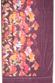 Smoked Rosewood Brown Printed Design Linen Saree With Floral Motifs 10076582