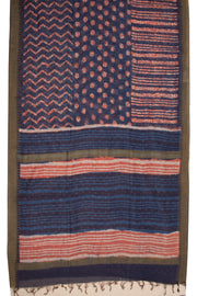Ocean Indigo Blue Handblock Printed Silk Cotton Saree With Geometric Motifs 10076597