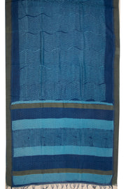 Nightfall Blue Handblock Printed Silk Cotton Saree With Waves lines and Temple Border 10076598