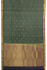 Fern Smoke Green Kanjivaram Pure Silk Saree With Floral Butta Design And Peacock Zari Border 10076741
