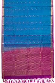 Deep Sky Blue Handloom Kanjivaram Soft Silk Saree With Geometric Butta Design And Floral Border 10076785