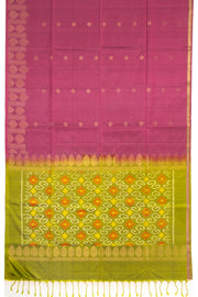 Blush Berry Pink Handloom Borderless Ikat Kanjivaram Soft Silk Saree With Floral Motifs Design 10076818