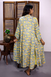 Pista Green Hand Block Printed Midi Coat Cotton Dress With Jacket 10062676