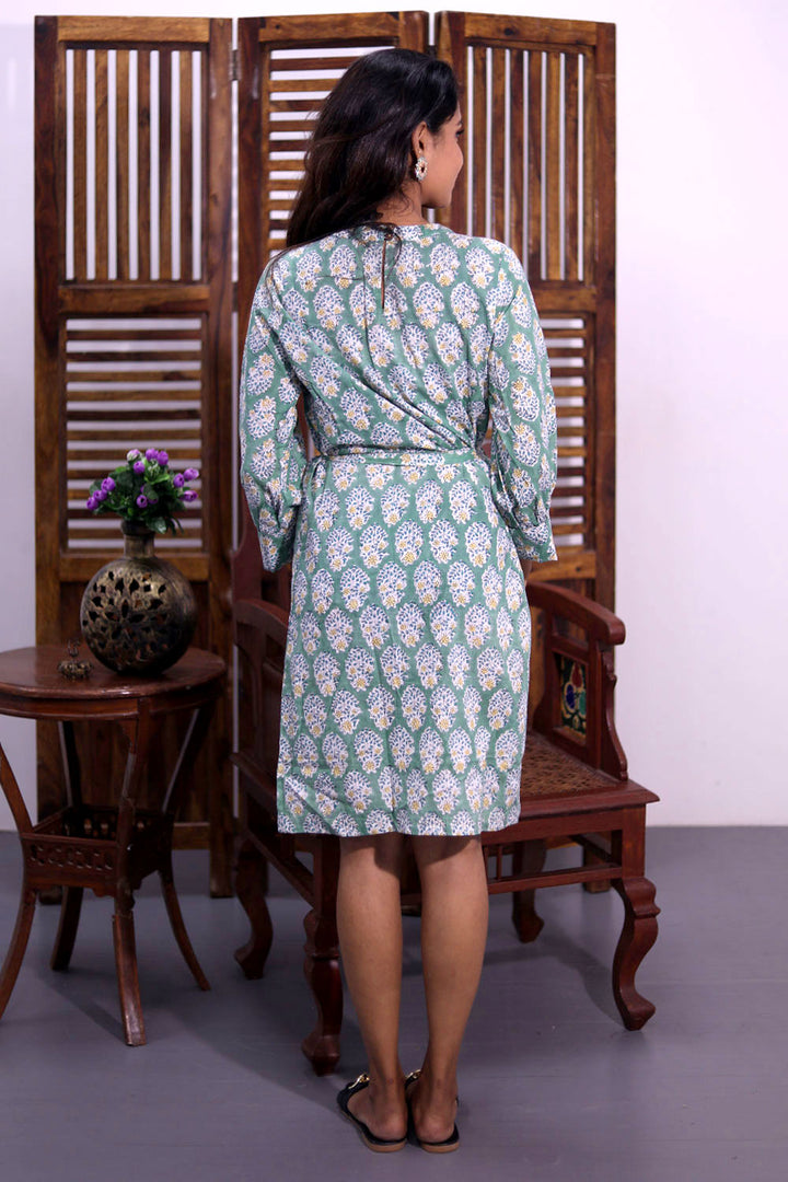 Sage Green Hand Block Printed Cotton Dress 10062647
