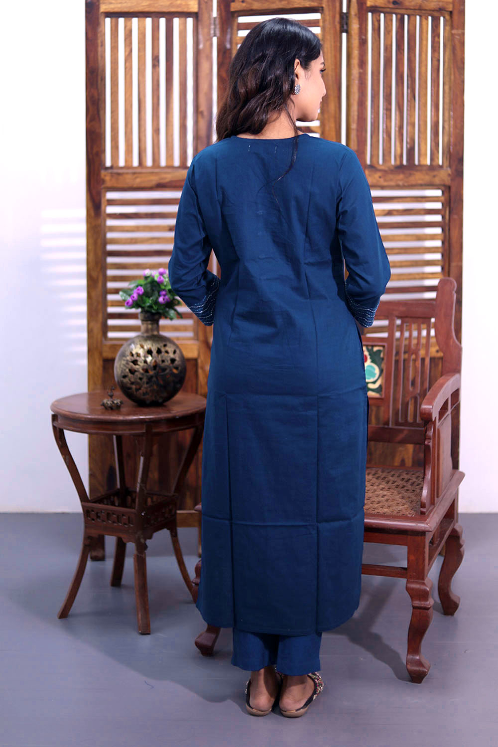 Blue Handloom Cotton Kurta with Embroidered Yoke 10062688