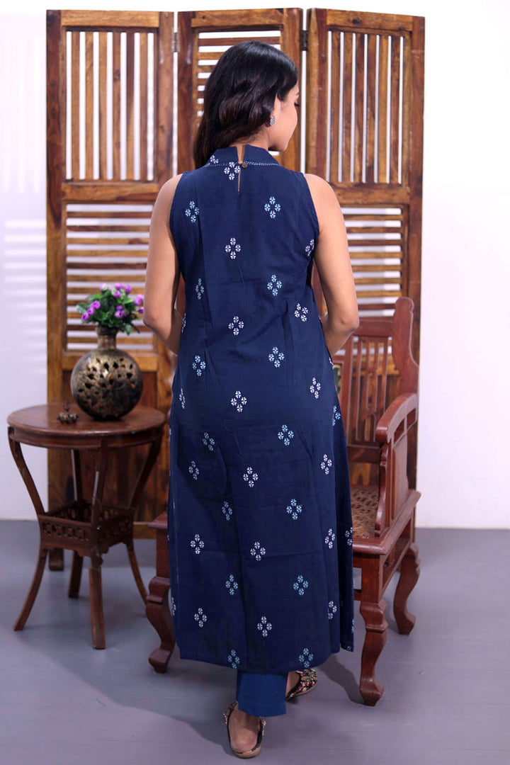 Navy Blue Handloom Cotton Kurta with High Neck Design 10062662