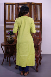 Lime Green Hand Embroidered Cotton Kurta 10062701