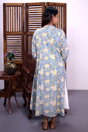 White Embroidered Midi Coat Cotton Dress with Blue Jacket 10062673