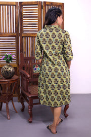 Green Hand Block Printed Cotton Dress 10062672