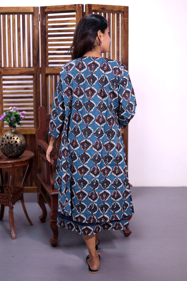 Blue Hand Embroidered Cotton Dress with Jacket 10062667