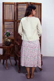 Offwhite Hand Block Printed Midi Coat Cotton Dress With Jacket 10062642