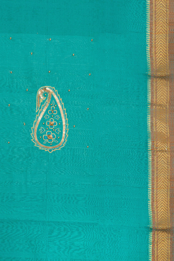 Teal Blue Aari Embroidered Mangalgiri Cotton Blouse Material 10062417