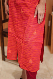 Reddish Orange Hand Embroidered Cotton Kurta 10062692