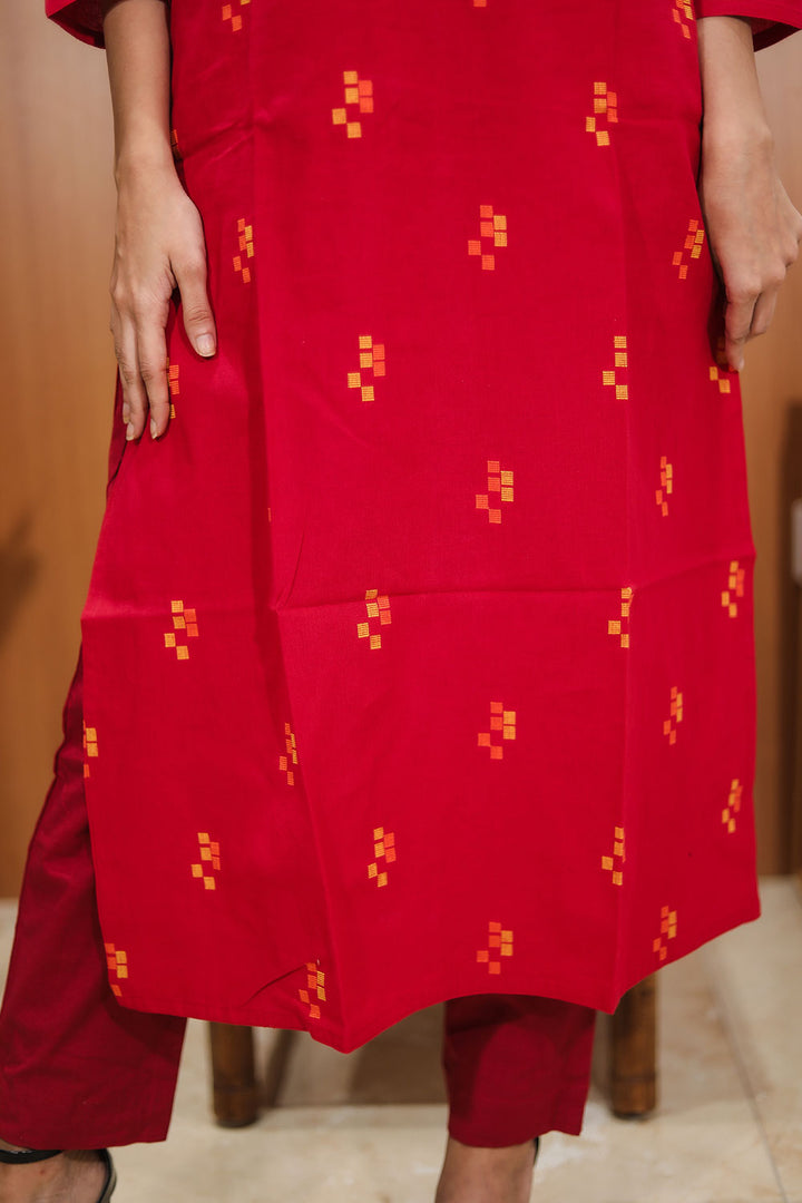 Red Hand Embroidered Cotton Kurta 10062687