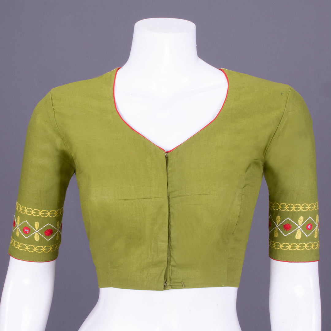 Green Kantha Embroidered Cotton Blouse 10069571 - Avishya