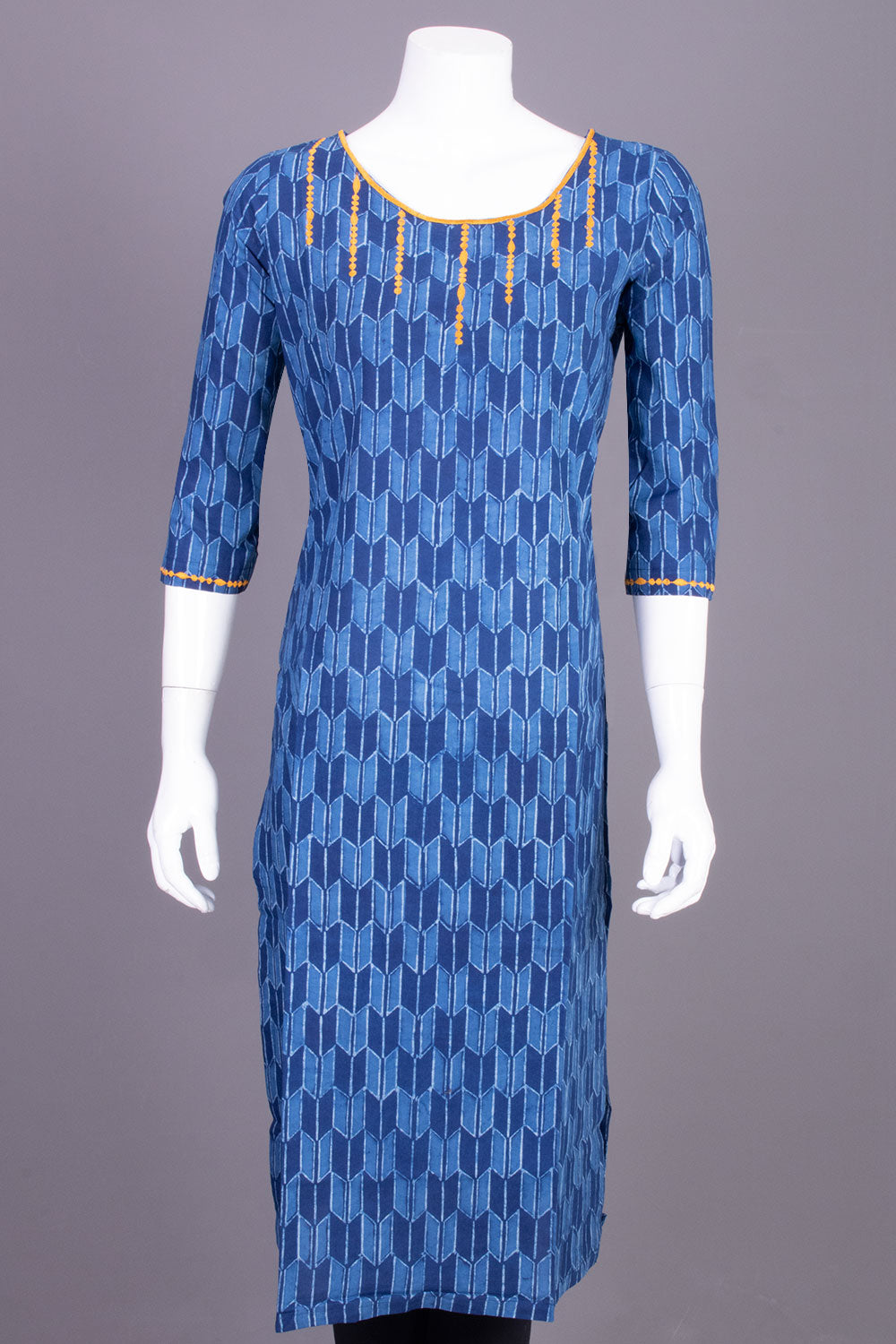 Indigo Dyed & Embroidered Dabu Printed Cotton Kurta 10068998 - Avishya