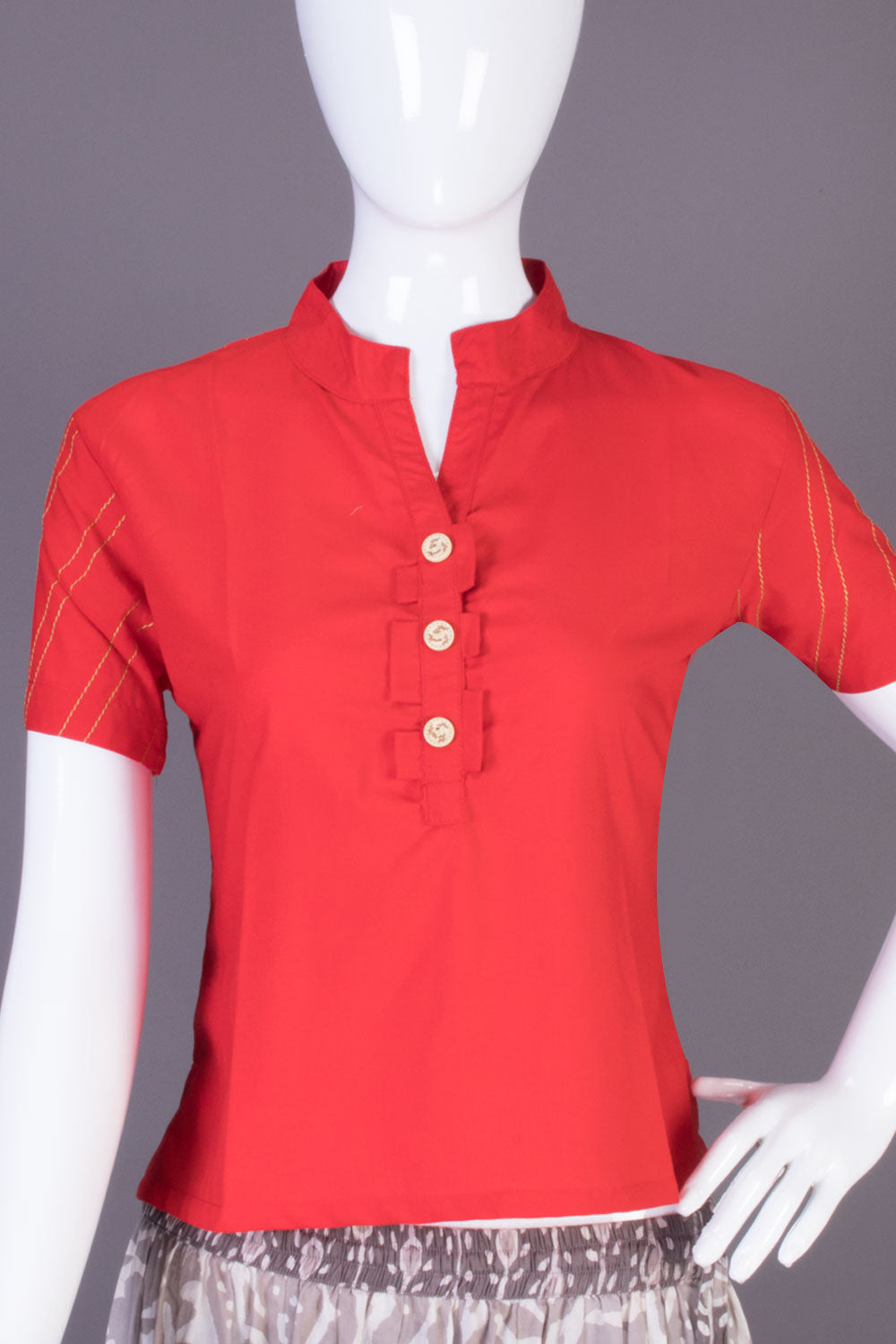 Red Chinese Collar Cotton Crop Top - Avishya