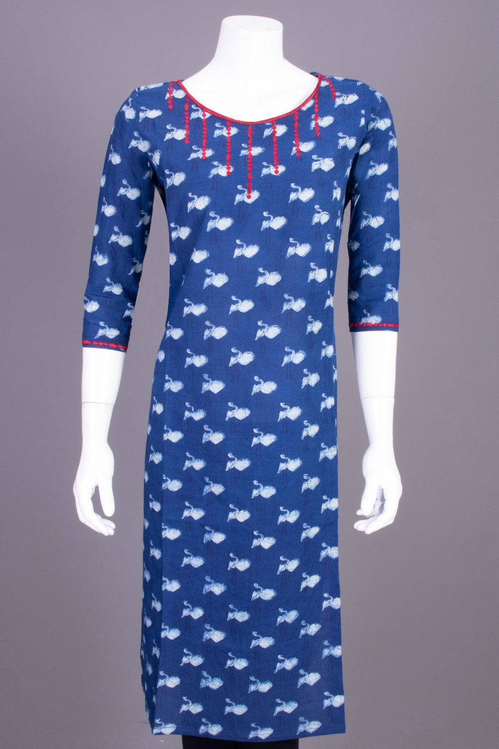 Indigo Dyed & Embroidered Dabu Printed Cotton Kurta 10068997 - Avishya