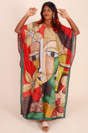 Red Khadi Handpainted Tussar Silk Kaftan 10070461