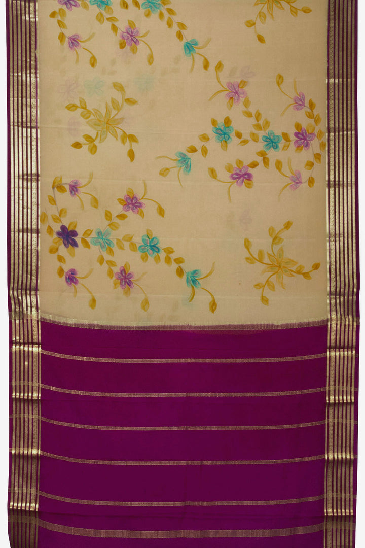Beige Hand Painted Mysore Crepe Silk Saree - Avishya