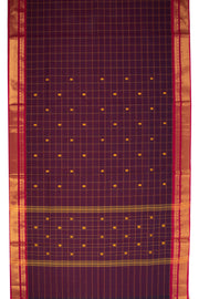 Earthwood Brown Handloom Chettinad Cotton Saree With Check Designs And Temple Border 10075842