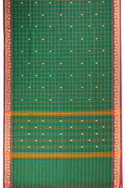Basil Leaf Green Handloom Chettinad Cotton Saree With Checks And Paisley Border 10075850