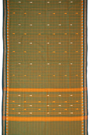 Autumn Olive Green Handloom Chettinad Cotton Saree With Checks And Temple Border 10075855