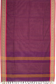Purple Handloom Chettinad Cotton Saree With Stripes And Peacock Border 10075898