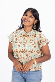 Green Hand Block Printed Cotton Crop Top 10074292