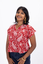 Red Hand Block Printed Cotton Crop Top 10074304