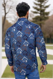 Blue Full Sleeve Ajrakh Printed Cotton Mens Shirt 10073002