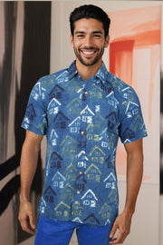 Blue Half Sleeve Ajrakh Printed Cotton Mens Shirt 10073052
