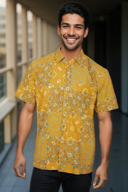 Yellow Half Sleeve Ajrakh Printed Cotton Mens Shirt 10073056