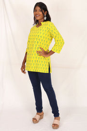 Yellow Kutchi Hand Block Printed Cotton Kurti 10071521